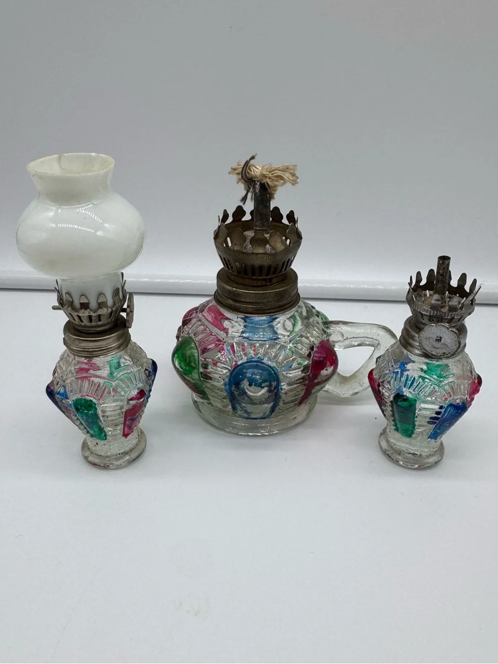 Vintage Hong Kong Miniature Painted Glass Oil Lamps Lot of 3 MCM